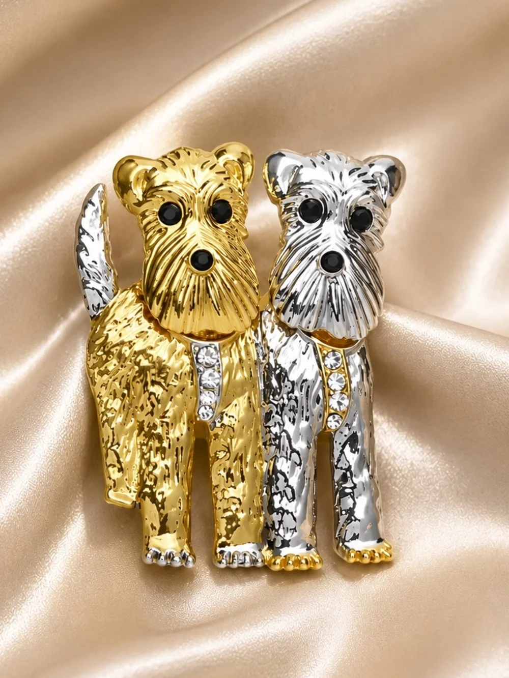 Cute Terrier Dog Gold & Silver Crystal Puppy Statement Brooch